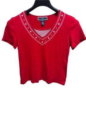 Karen Scott Y2K Red & White Nautical Embroidered & Embellished Stars Shirt Sz PM
